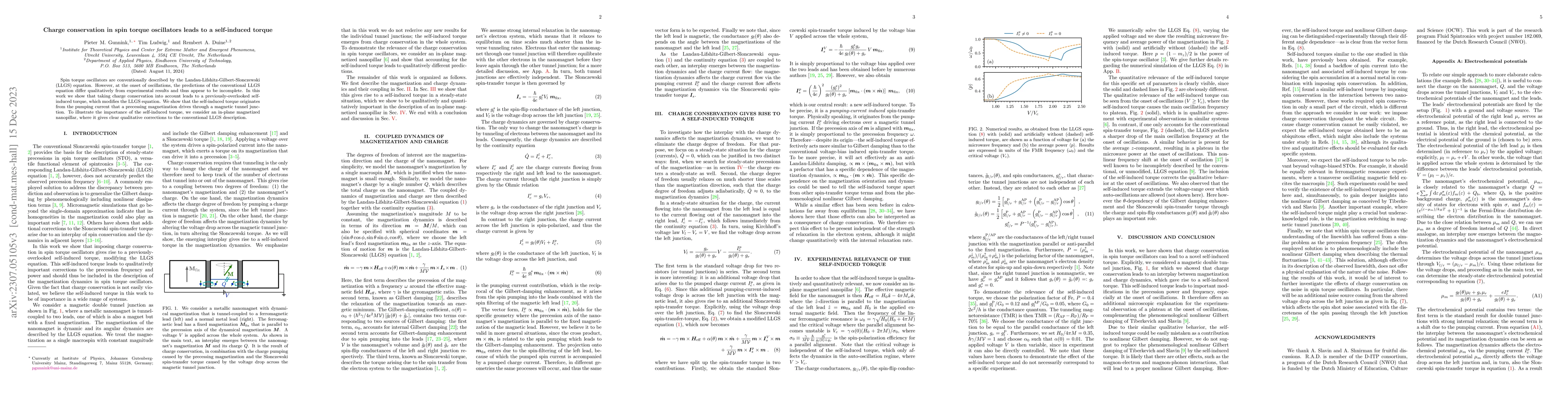 Thumbnail for Charge conservation in spin torque oscillators leads to a self-induced
  torque