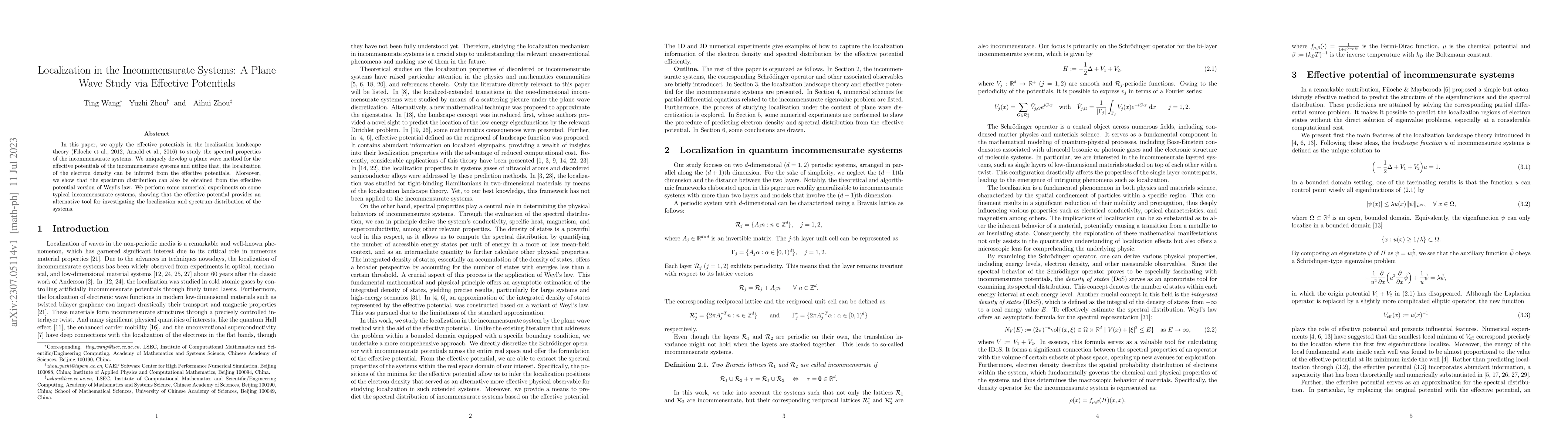 Thumbnail for Localization in the Incommensurate Systems: A Plane Wave Study via
  Effective Potentials