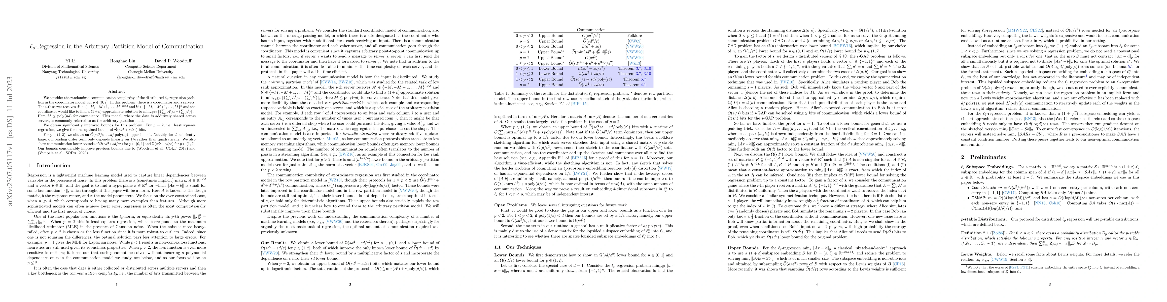 Thumbnail for $\ell_p$-Regression in the Arbitrary Partition Model of Communication