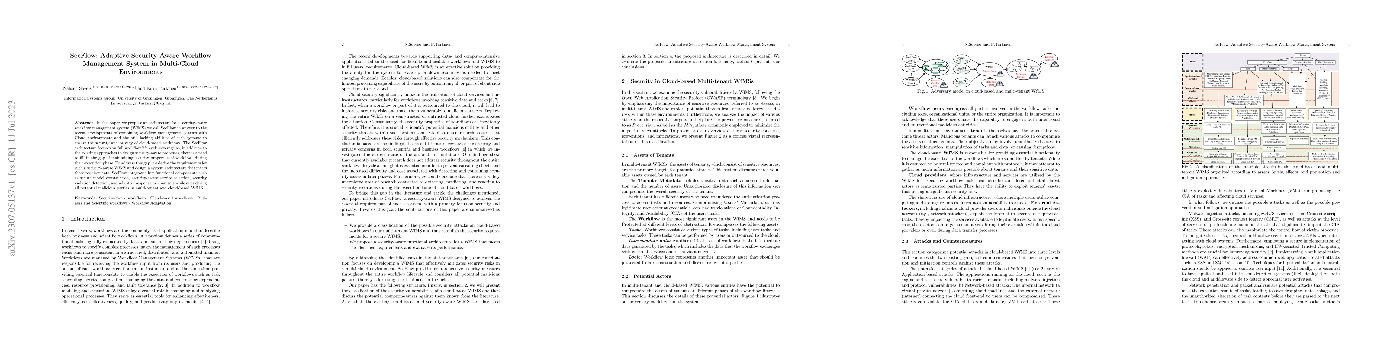 Thumbnail for SecFlow: Adaptive Security-Aware Workflow Management System in
  Multi-Cloud Environments
