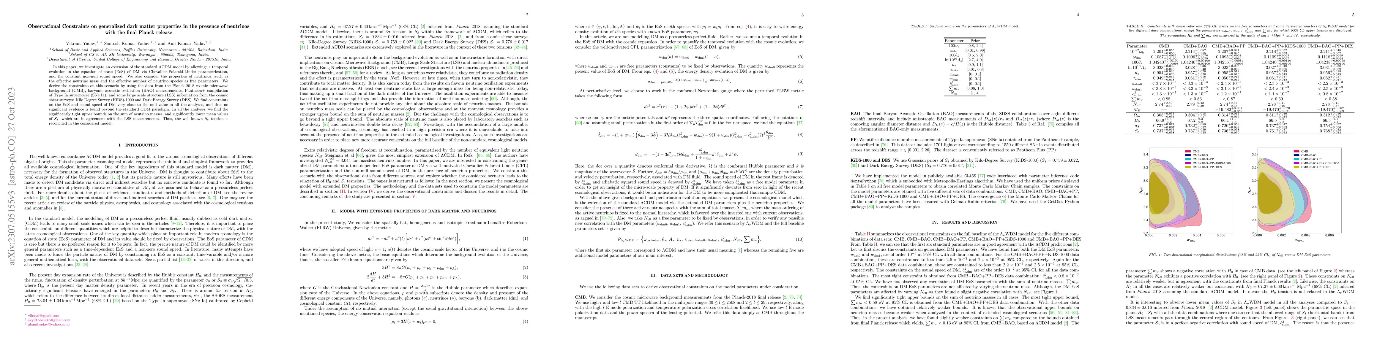 Thumbnail for Observational Constraints on generalized dark matter properties in the
  presence of neutrinos with the final Planck release