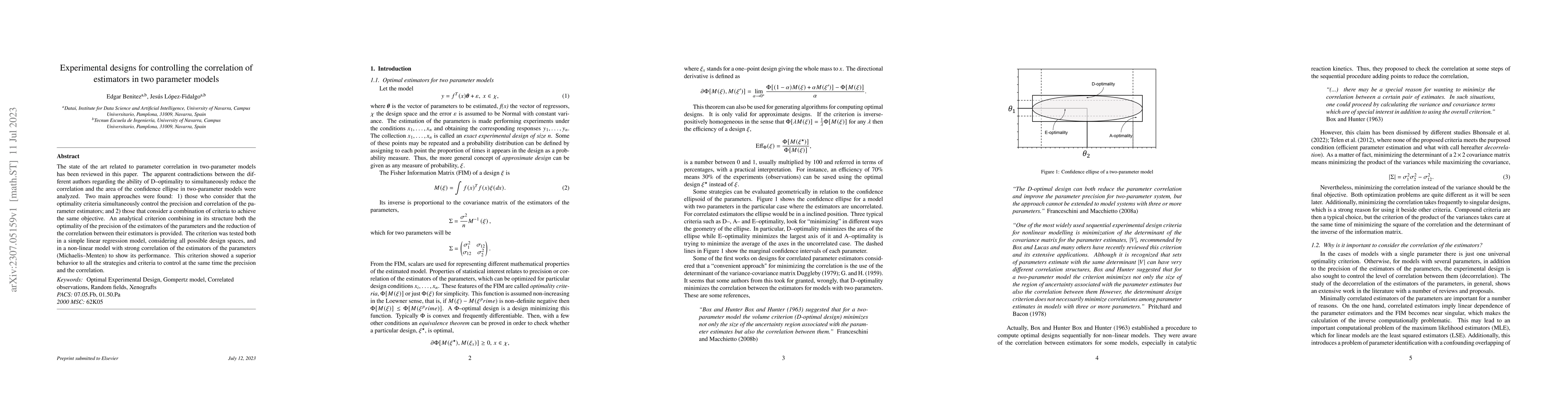 Thumbnail for Experimental designs for controlling the correlation of estimators in
  two parameter models