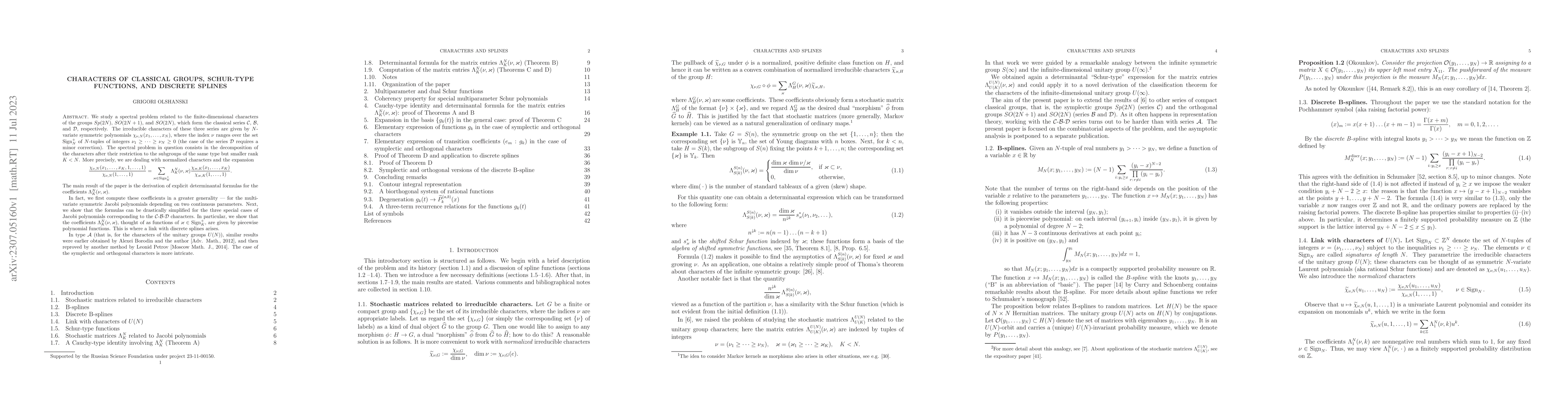Thumbnail for Characters of classical groups, Schur-type functions, and discrete
  splines