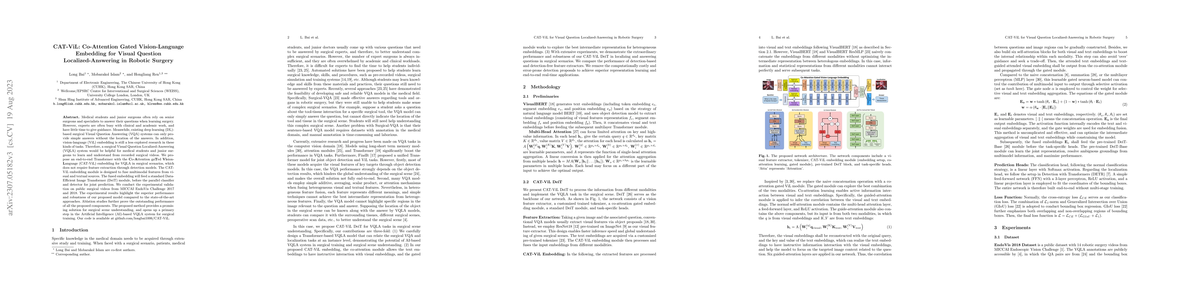 Thumbnail for CAT-ViL: Co-Attention Gated Vision-Language Embedding for Visual
  Question Localized-Answering in Robotic Surgery