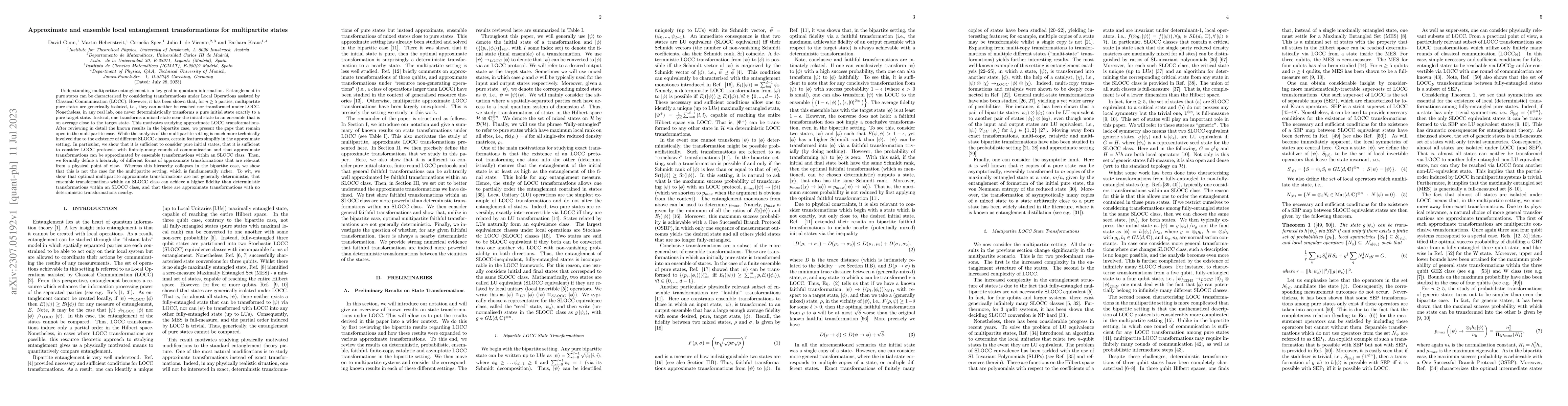 Thumbnail for Approximate and ensemble local entanglement transformations for
  multipartite states