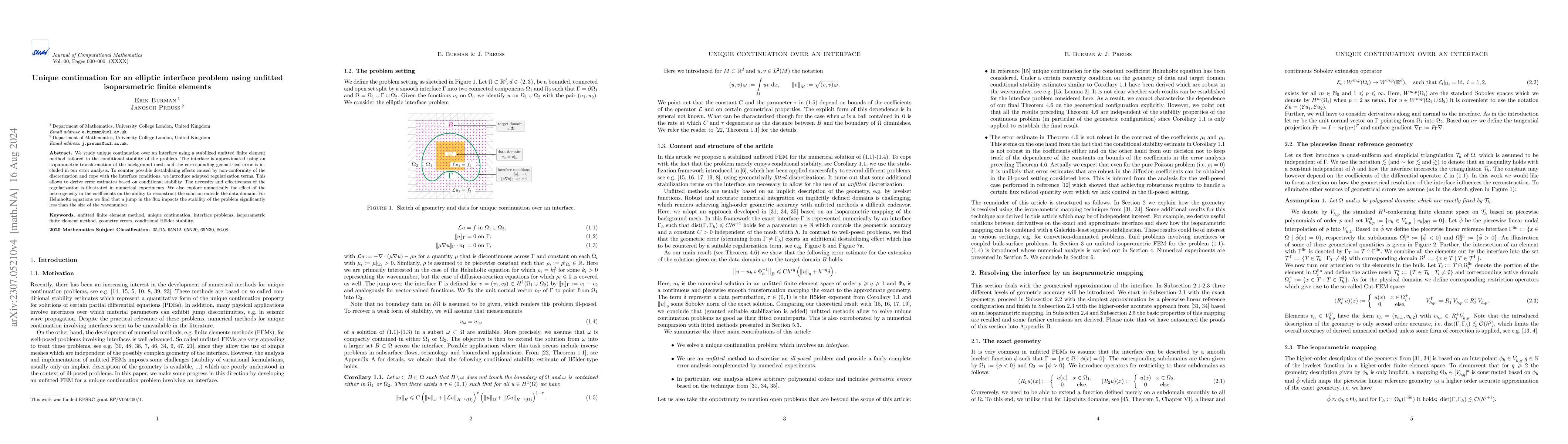 Thumbnail for Unique continuation for an elliptic interface problem using unfitted
  isoparametric finite elements