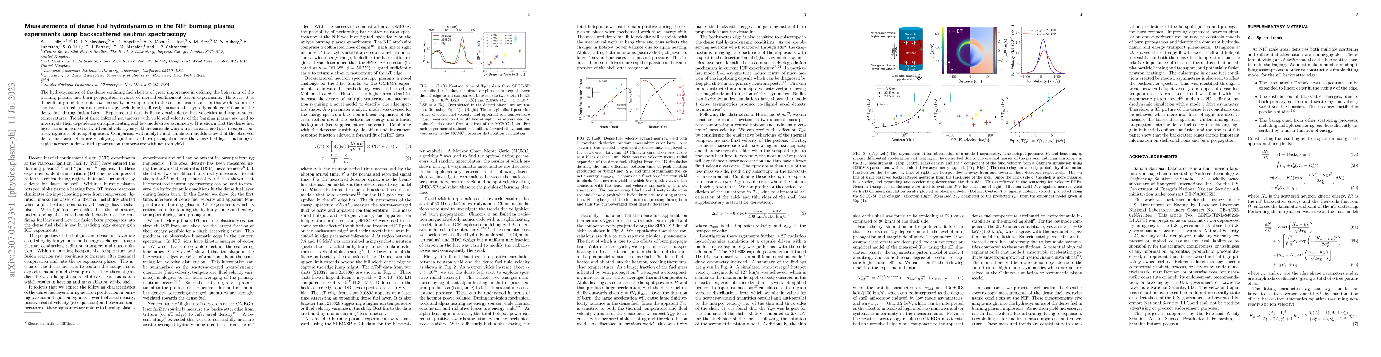 Thumbnail for Measurements of dense fuel hydrodynamics in the NIF burning plasma
  experiments using backscattered neutron spectroscopy