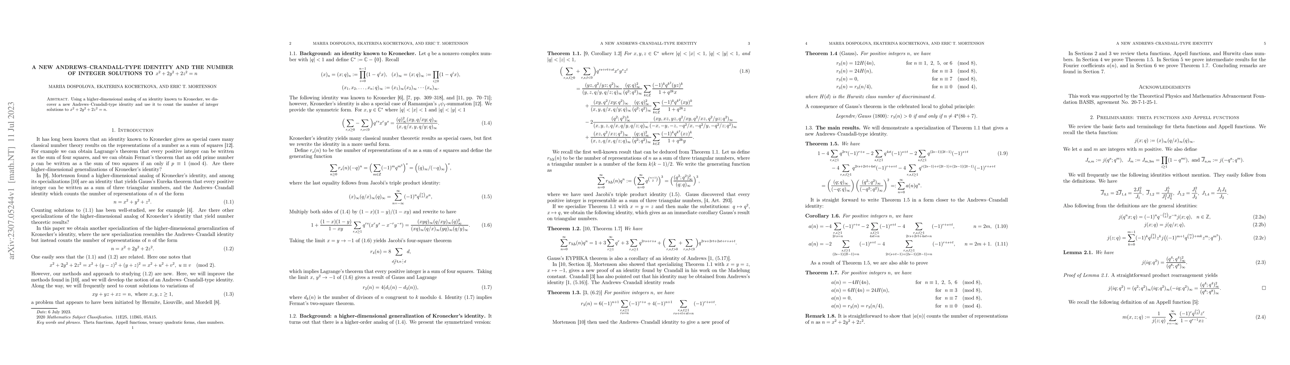 Thumbnail for A new Andrews--Crandall-type identity and the number of integer
  solutions to $x^2+2y^2+2z^2=n$