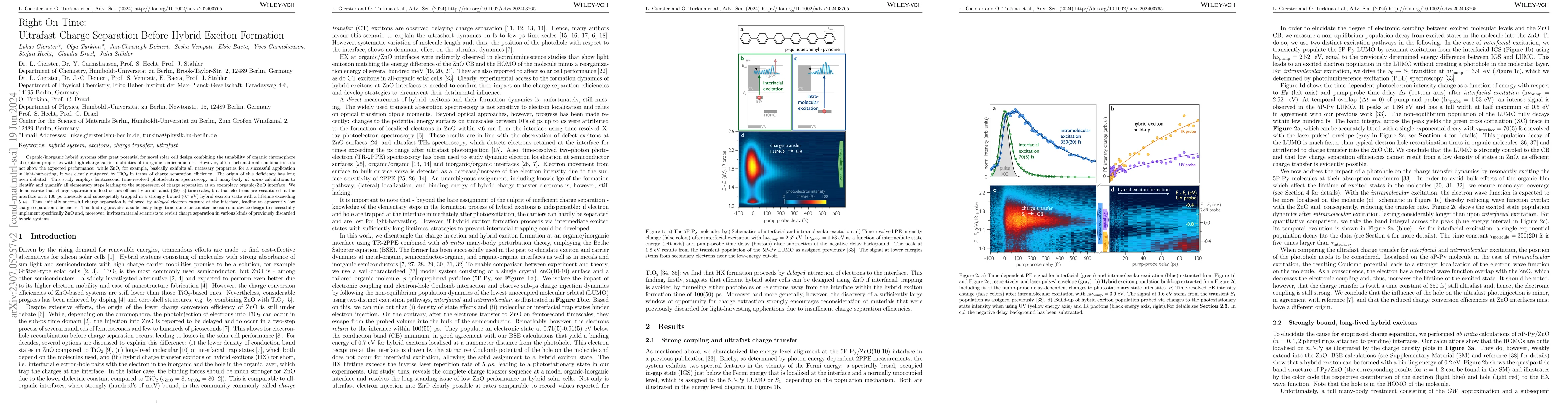 Thumbnail for Right On Time: Ultrafast Charge Separation Before Hybrid Exciton
  Formation