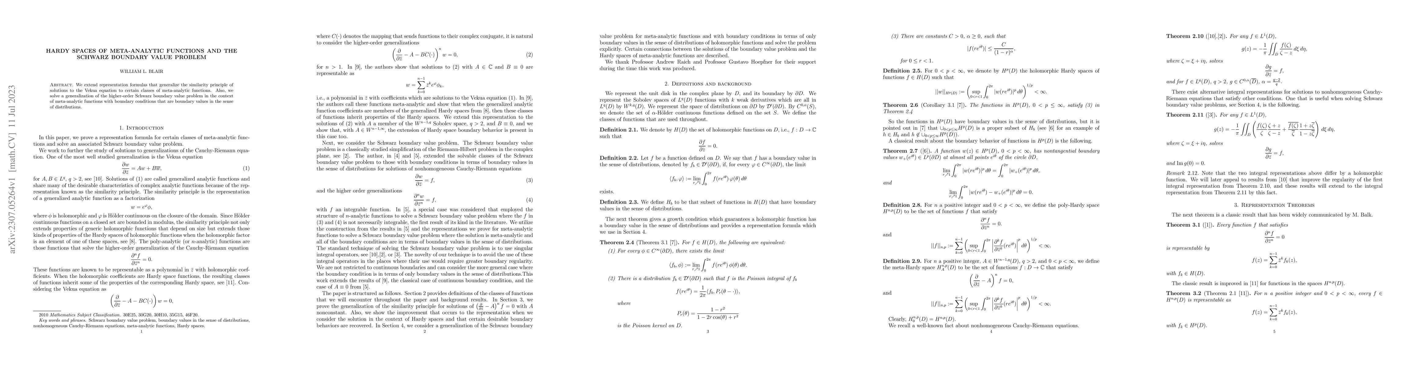 Thumbnail for Hardy Spaces of Meta-Analytic Functions and the Schwarz Boundary Value
  Problem