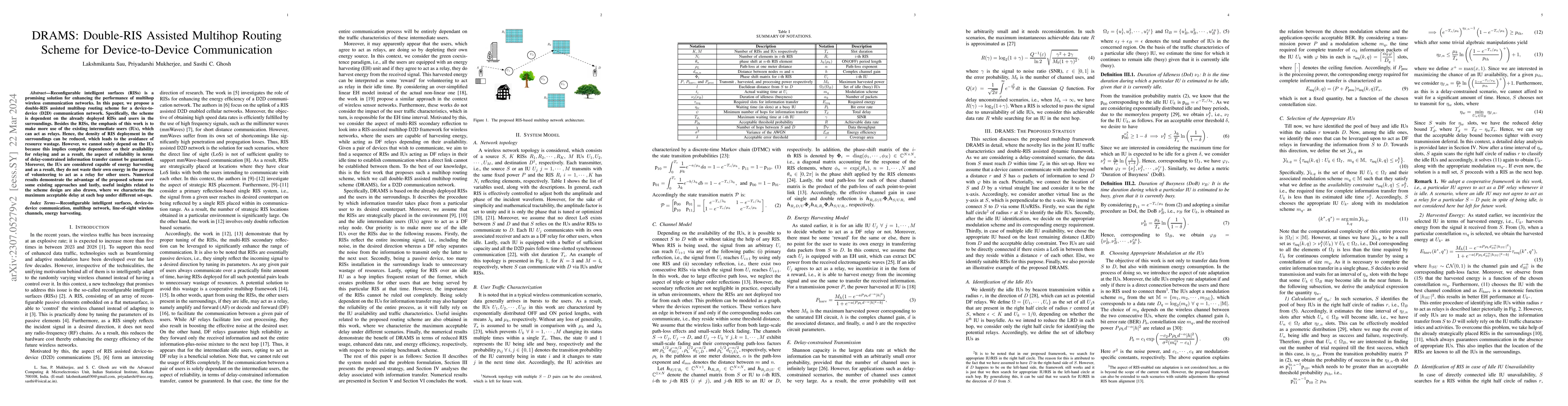 Thumbnail for DRAMS: Double-RIS Assisted Multihop Routing Scheme for Device-to-Device
  Communication