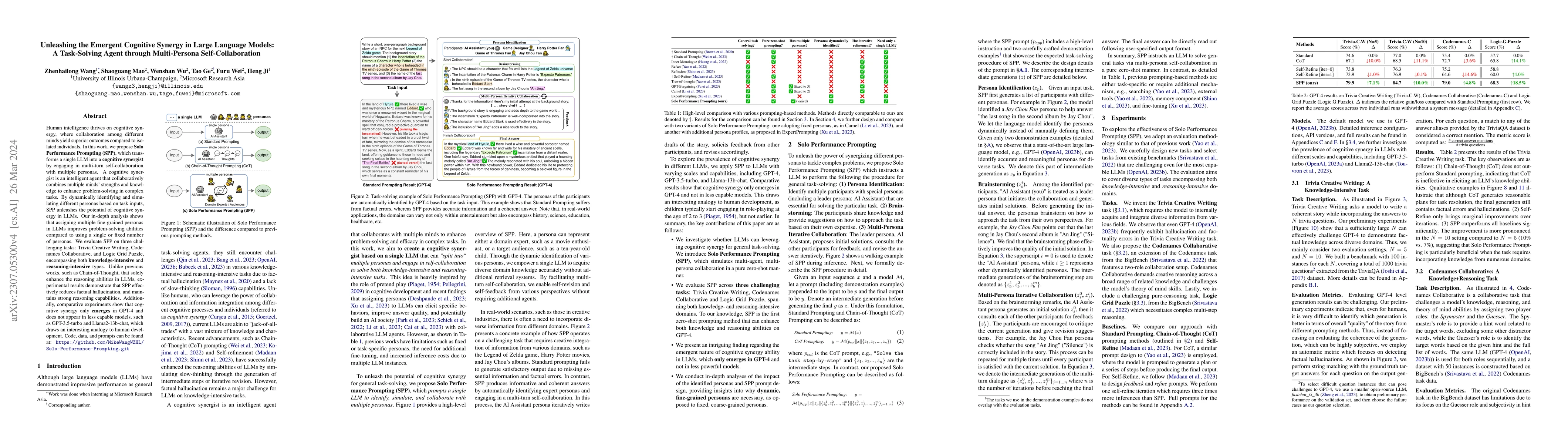 Thumbnail for Unleashing the Emergent Cognitive Synergy in Large Language Models: A
  Task-Solving Agent through Multi-Persona Self-Collaboration
