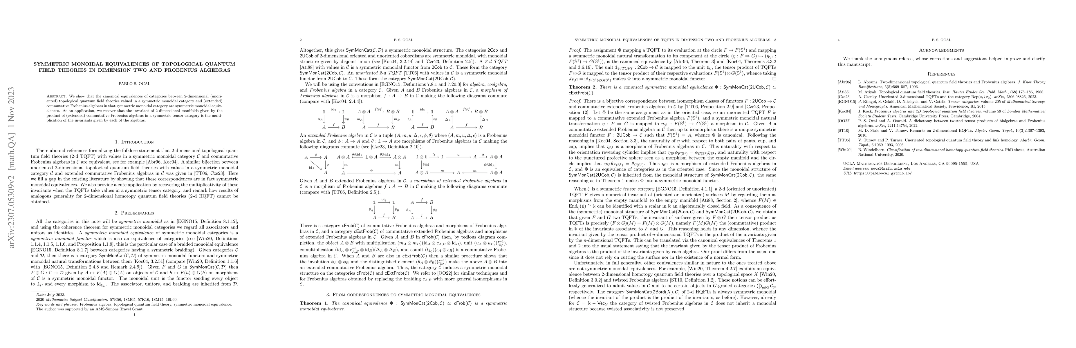 Thumbnail for Symmetric monoidal equivalences of topological quantum field theories in
  dimension two and Frobenius algebras
