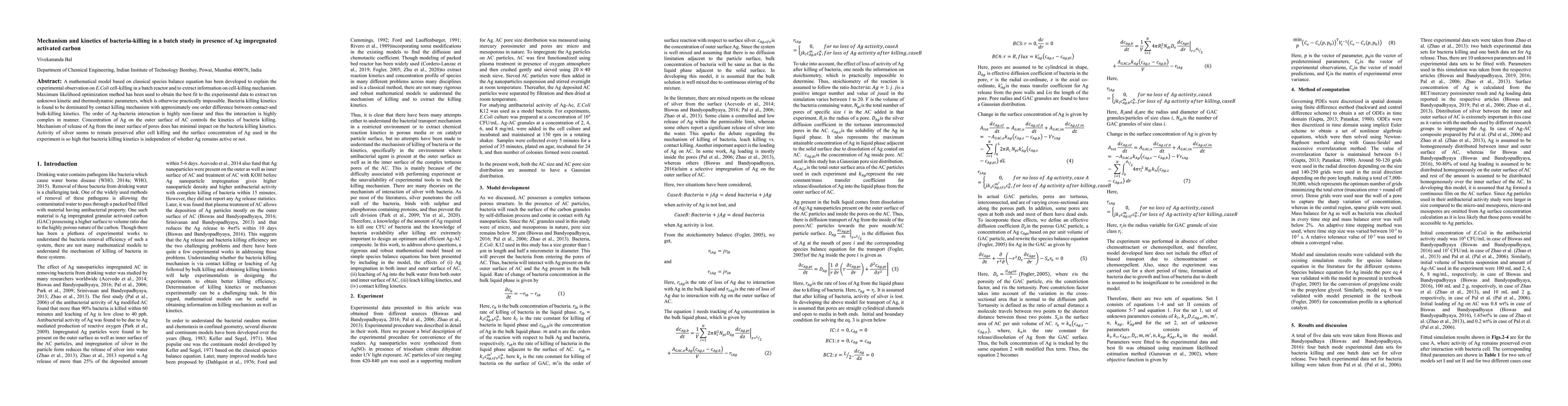Thumbnail for Mechanism and kinetics of bacteria-killing in a batch study in presence
  of Ag impregnated activated carbon