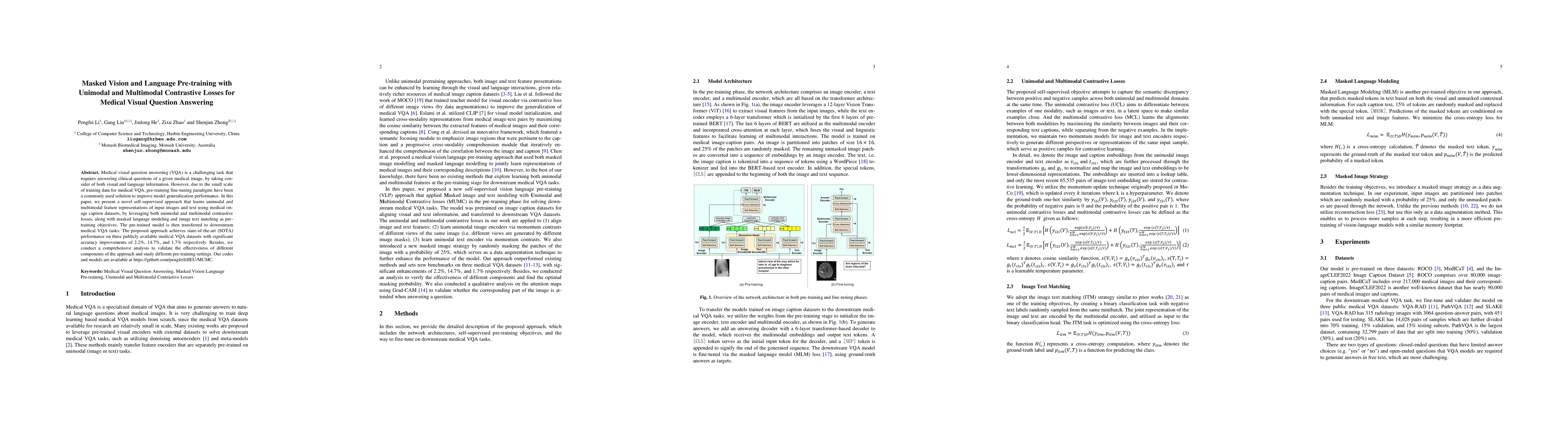 Thumbnail for Masked Vision and Language Pre-training with Unimodal and Multimodal
  Contrastive Losses for Medical Visual Question Answering