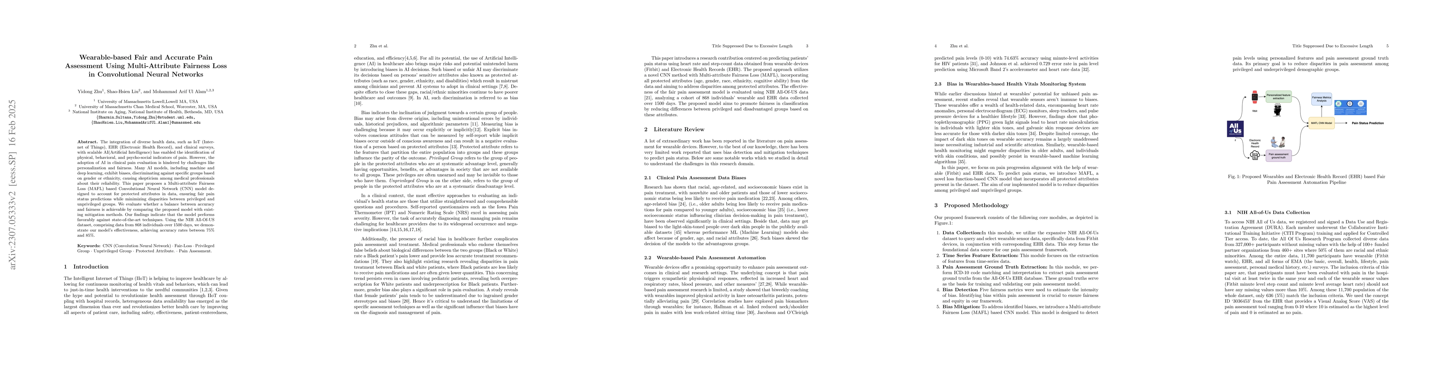 Thumbnail for Unbiased Pain Assessment through Wearables and EHR Data: Multi-attribute
  Fairness Loss-based CNN Approach