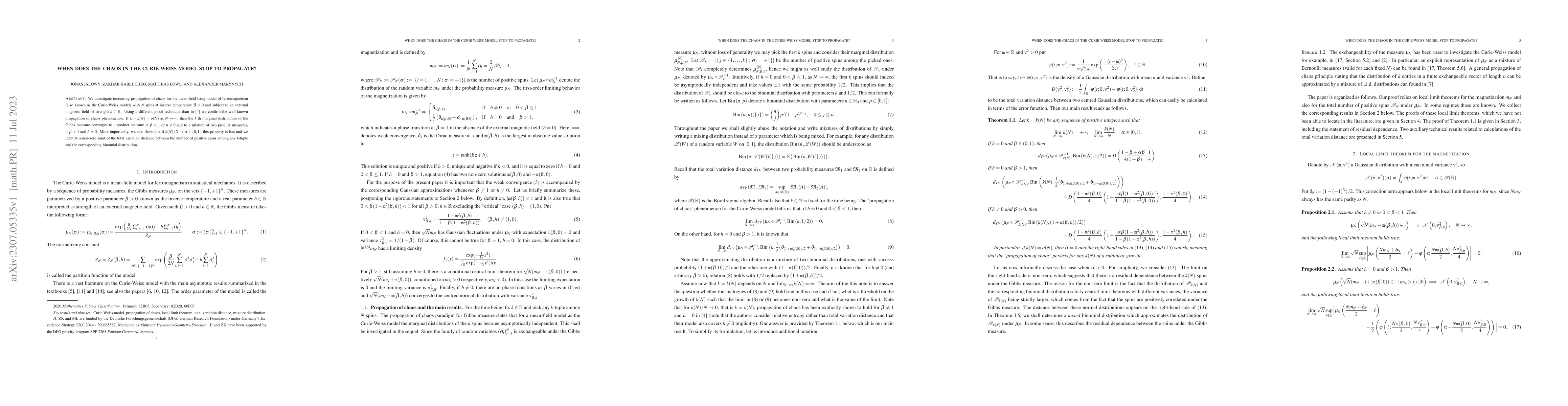 Thumbnail for When does the chaos in the Curie-Weiss model stop to propagate?