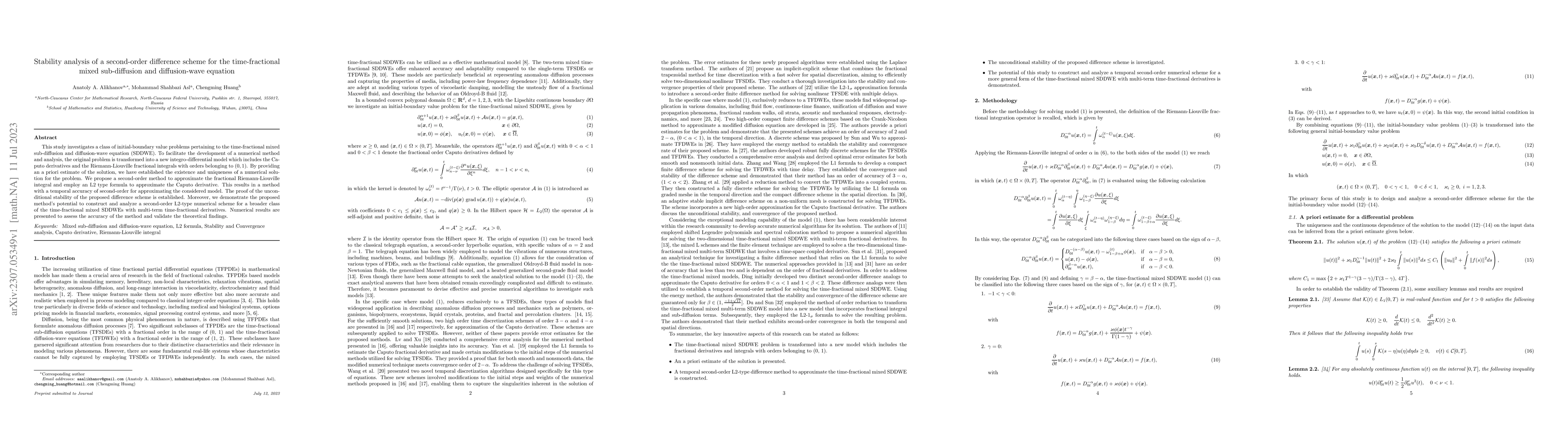 Thumbnail for Stability analysis of a second-order difference scheme for the
  time-fractional mixed sub-diffusion and diffusion-wave equation