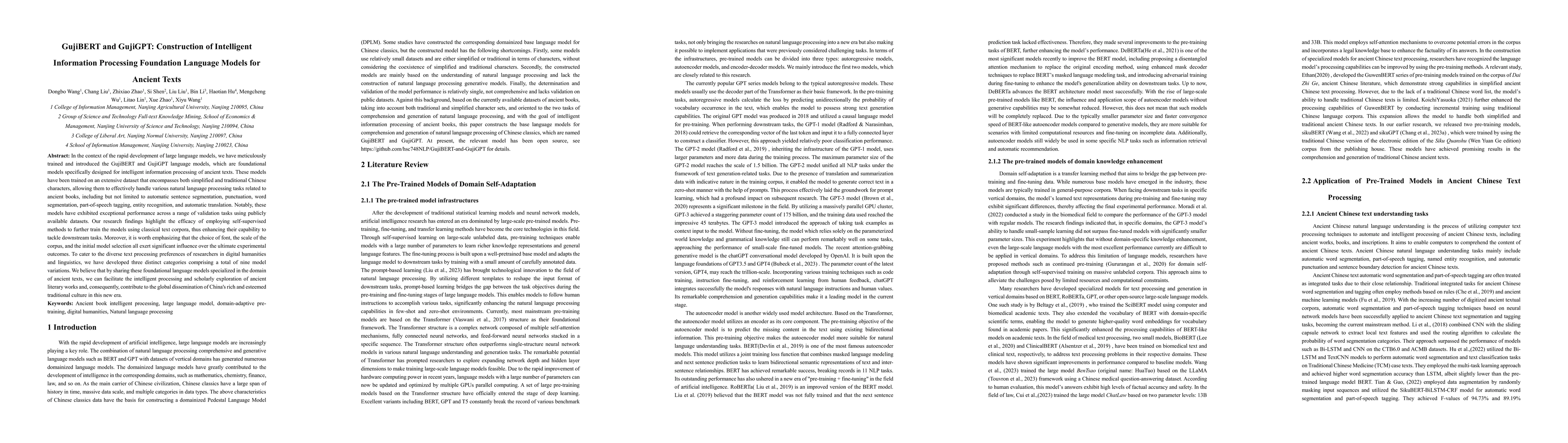 Thumbnail for GujiBERT and GujiGPT: Construction of Intelligent Information Processing
  Foundation Language Models for Ancient Texts