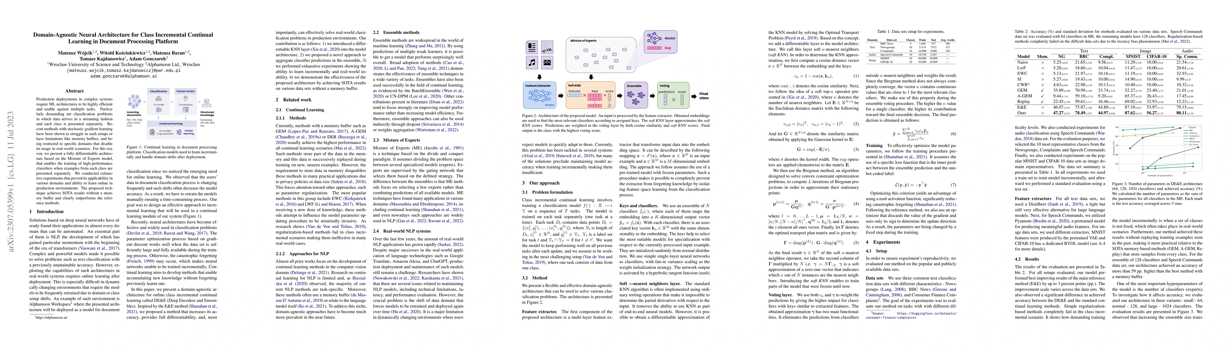 Thumbnail for Domain-Agnostic Neural Architecture for Class Incremental Continual
  Learning in Document Processing Platform