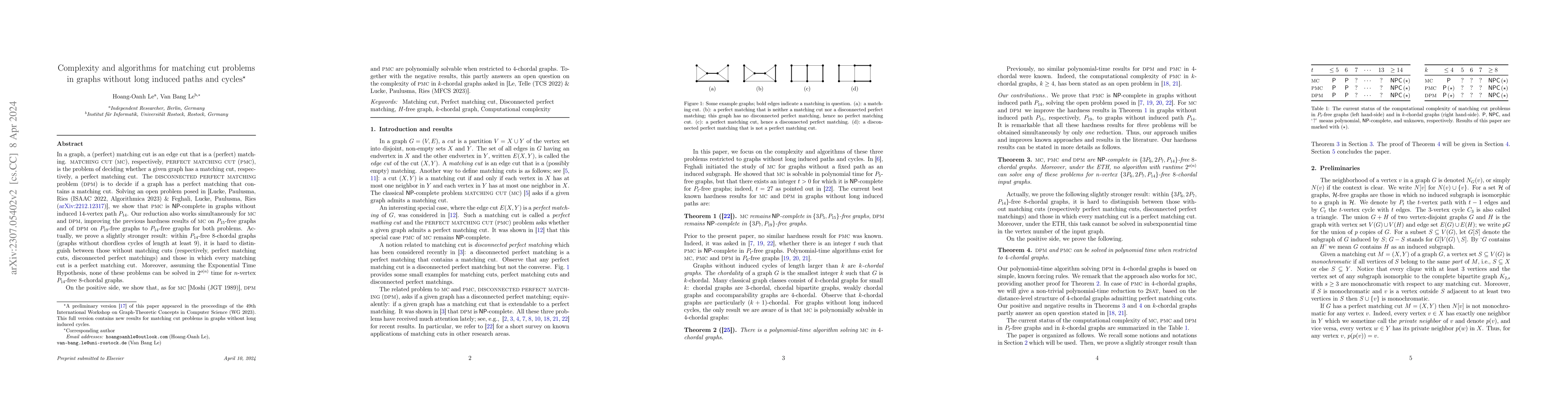 Thumbnail for Complexity and algorithms for matching cut problems in graphs without
  long induced paths and cycles