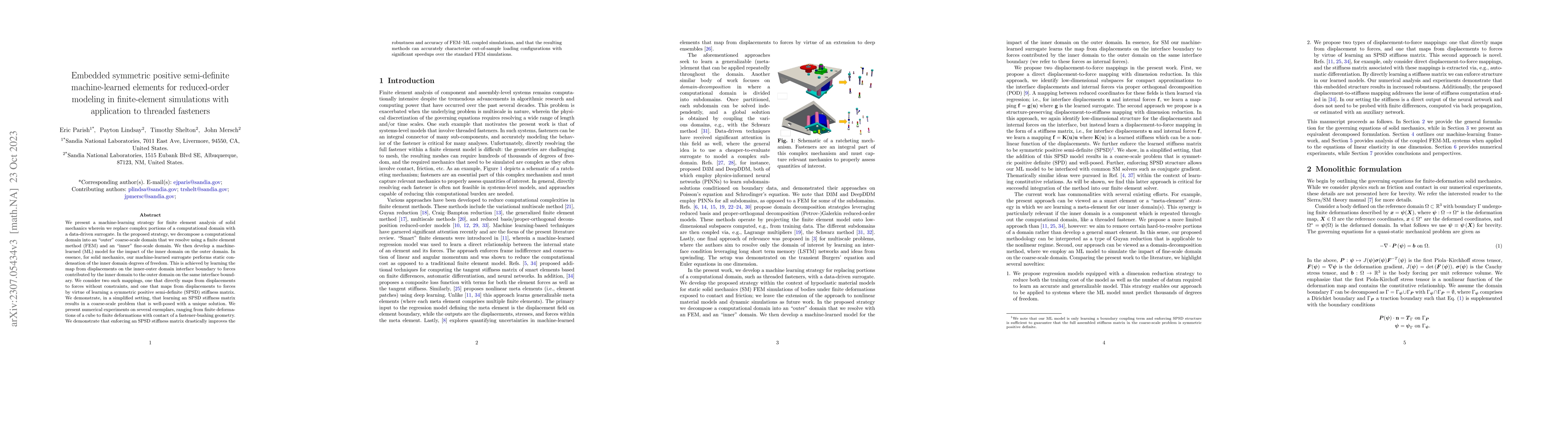Thumbnail for Embedded symmetric positive semi-definite machine-learned elements for
  reduced-order modeling in finite-element simulations with application to
  threaded fasteners