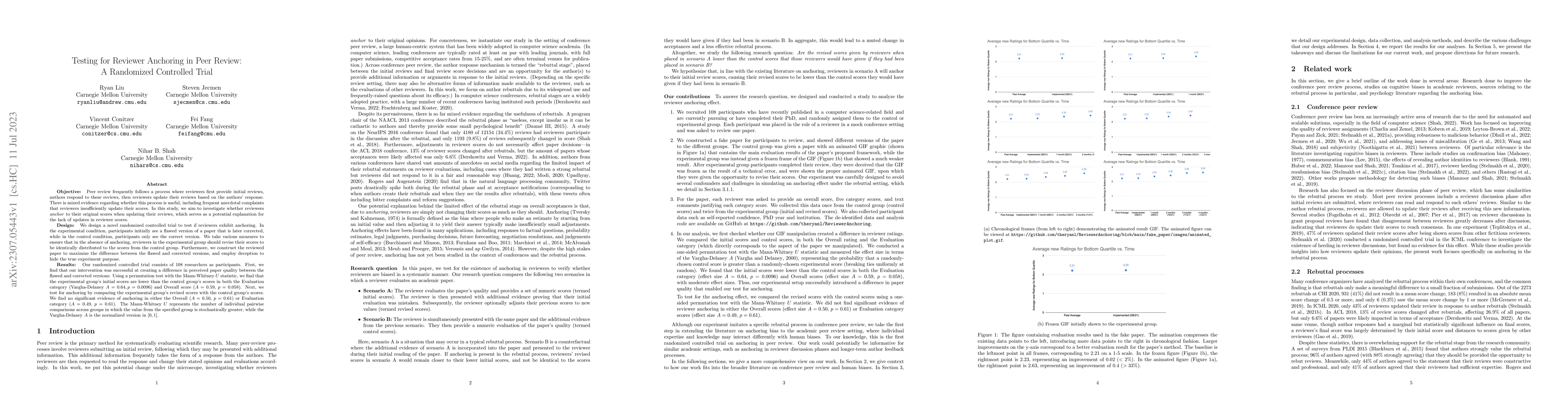 Thumbnail for Testing for Reviewer Anchoring in Peer Review: A Randomized Controlled
  Trial