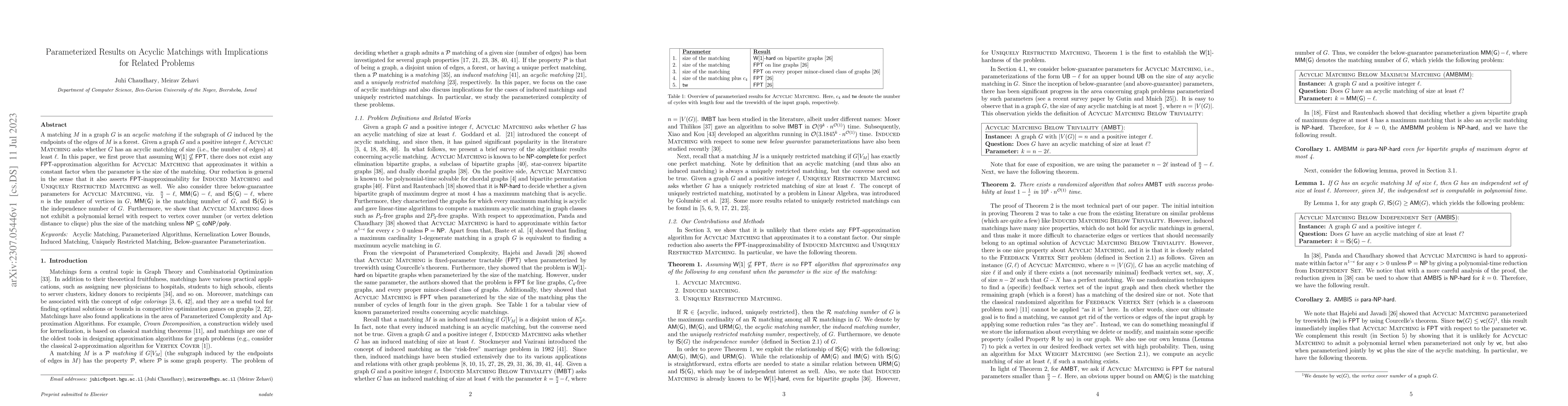 Thumbnail for Parameterized Results on Acyclic Matchings with Implications for Related
  Problems