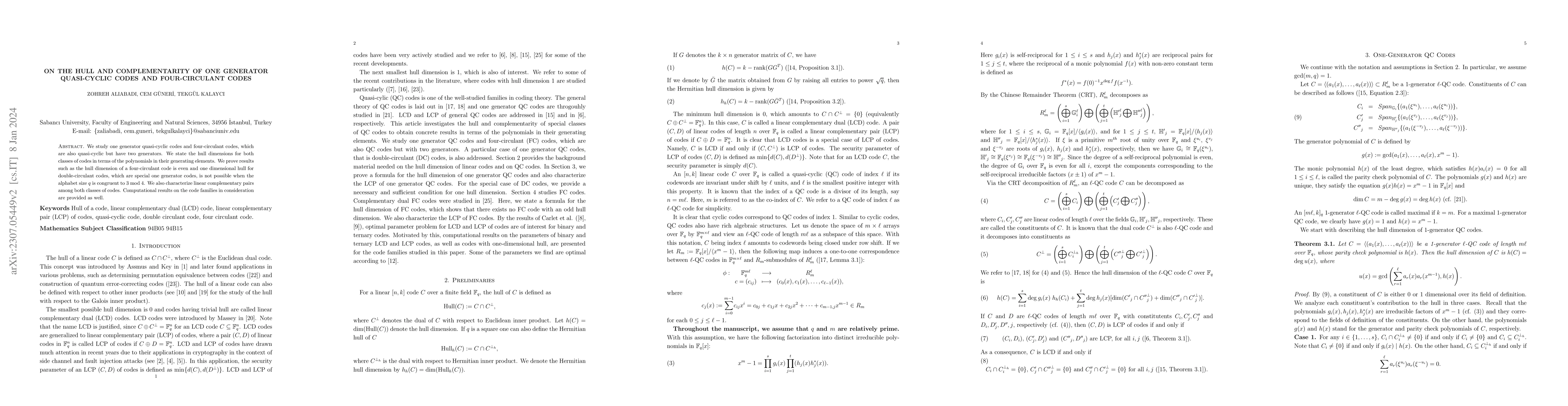 Thumbnail for On the hull and complementarity of one generator quasi-cyclic codes and
  four-circulant codes