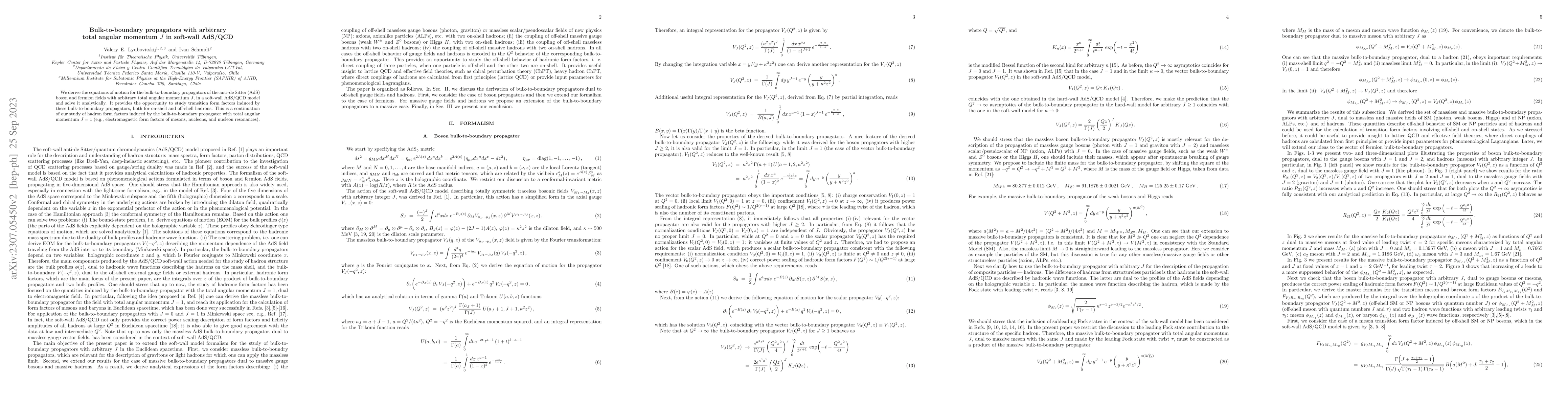 Thumbnail for Bulk-to-boundary propagators with arbitrary total angular momentum $J$
  in soft-wall AdS/QCD