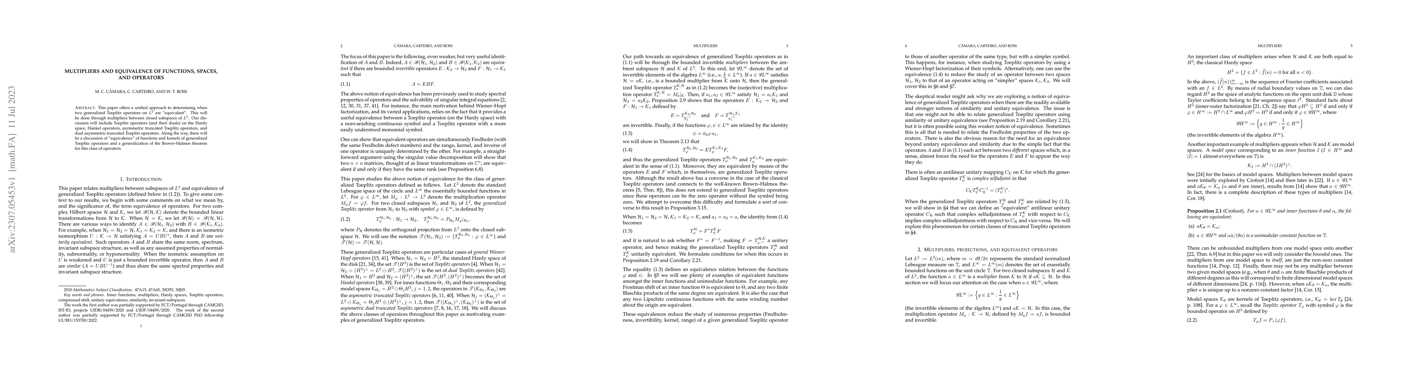 Thumbnail for Multipliers and equivalence of functions, spaces, and operators