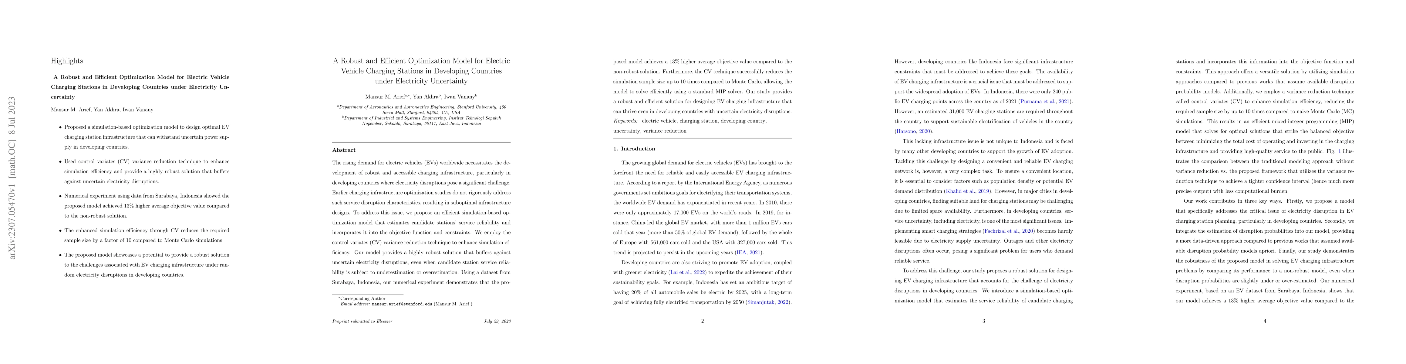 Thumbnail for A Robust and Efficient Optimization Model for Electric Vehicle Charging
  Stations in Developing Countries under Electricity Uncertainty