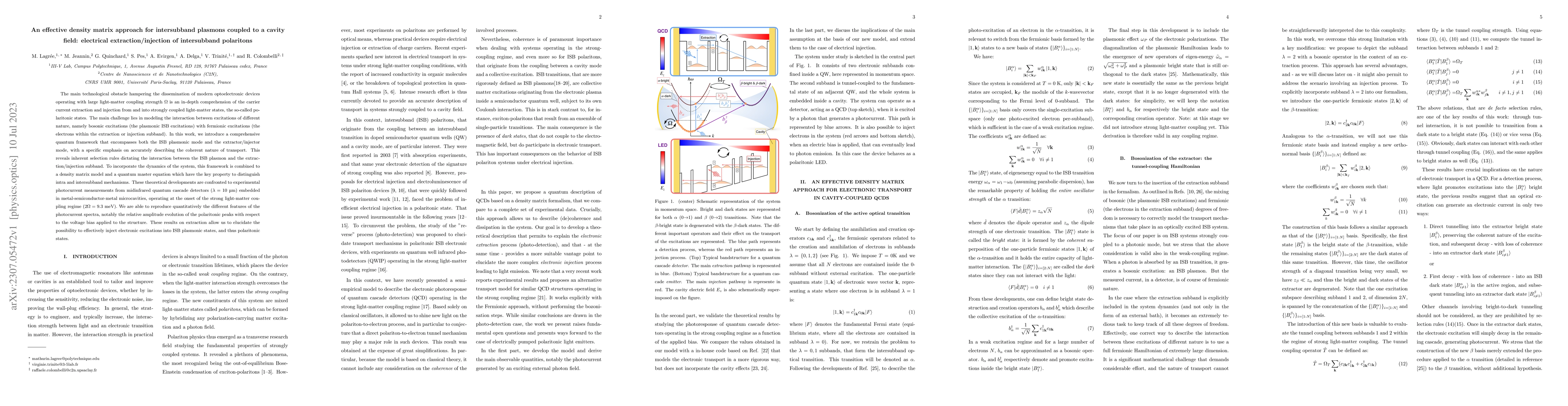 Thumbnail for An effective density matrix approach for intersubband plasmons coupled
  to a cavity field: electrical extraction/injection of intersubband polaritons