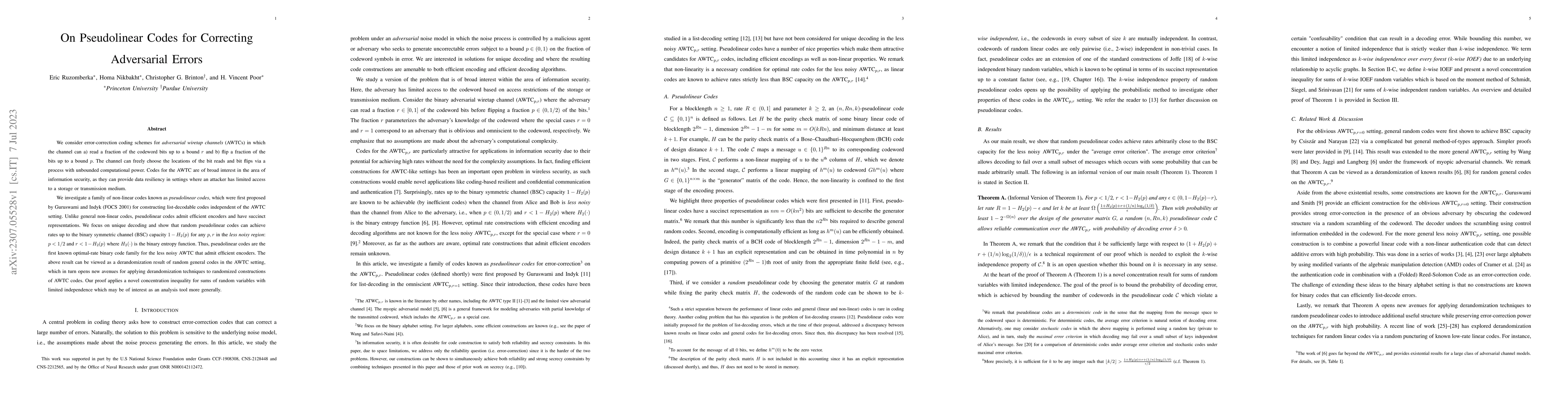 Thumbnail for On Pseudolinear Codes for Correcting Adversarial Errors