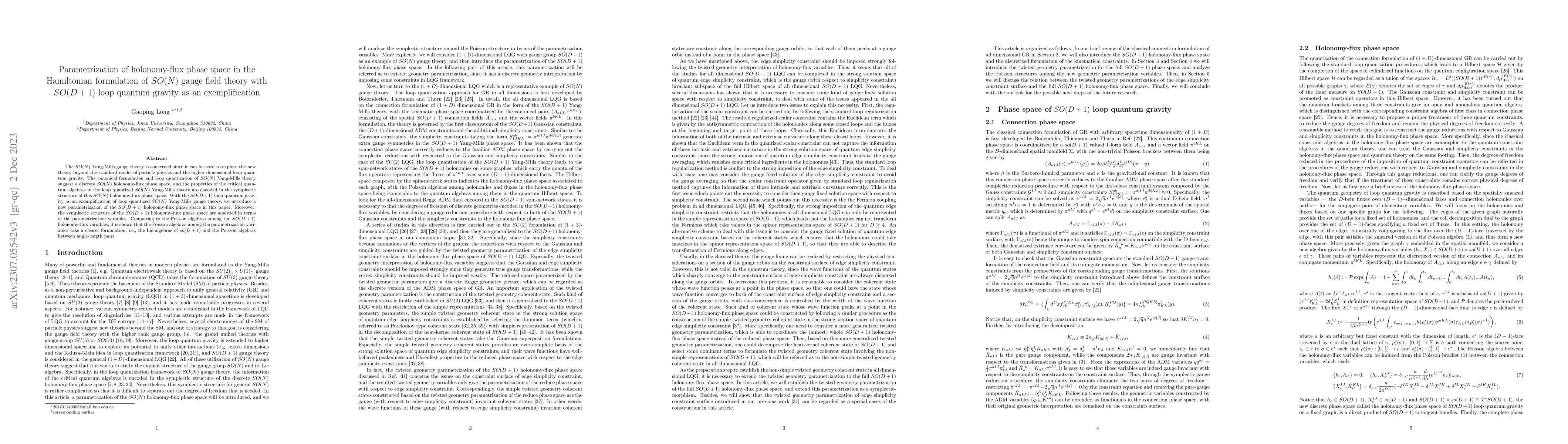 Thumbnail for Parametrization of holonomy-flux phase space in the Hamiltonian
  formulation of $SO(N)$ gauge field theory with $SO(D+1)$ loop quantum gravity
  as an exemplification