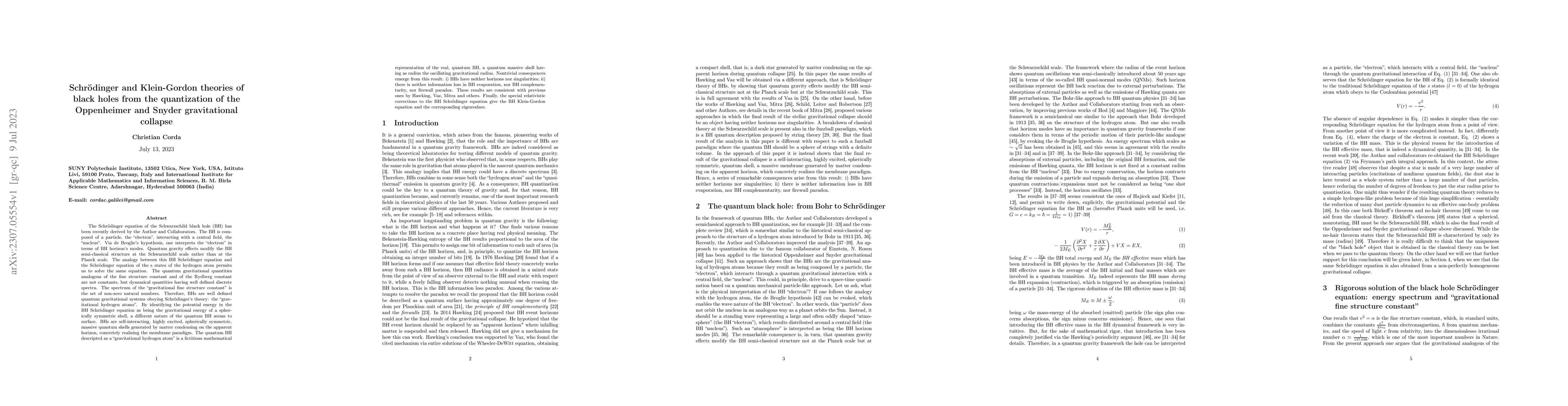 Thumbnail for Schr\"odinger and Klein-Gordon theories of black holes from the
  quantization of the Oppenheimer and Snyder gravitational collapse