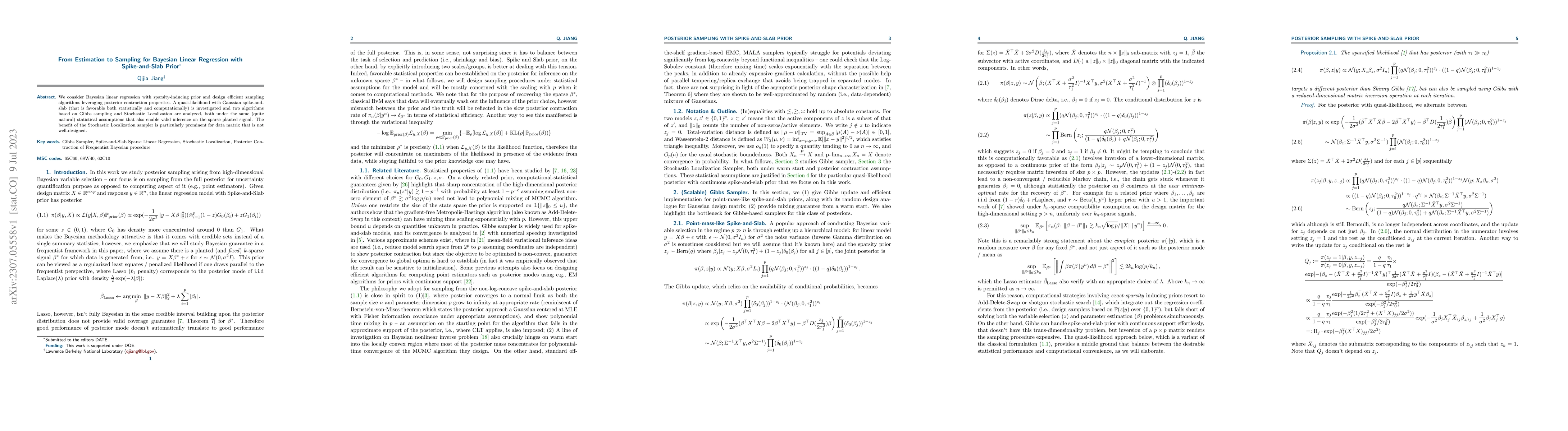 Thumbnail for From Estimation to Sampling for Bayesian Linear Regression with
  Spike-and-Slab Prior