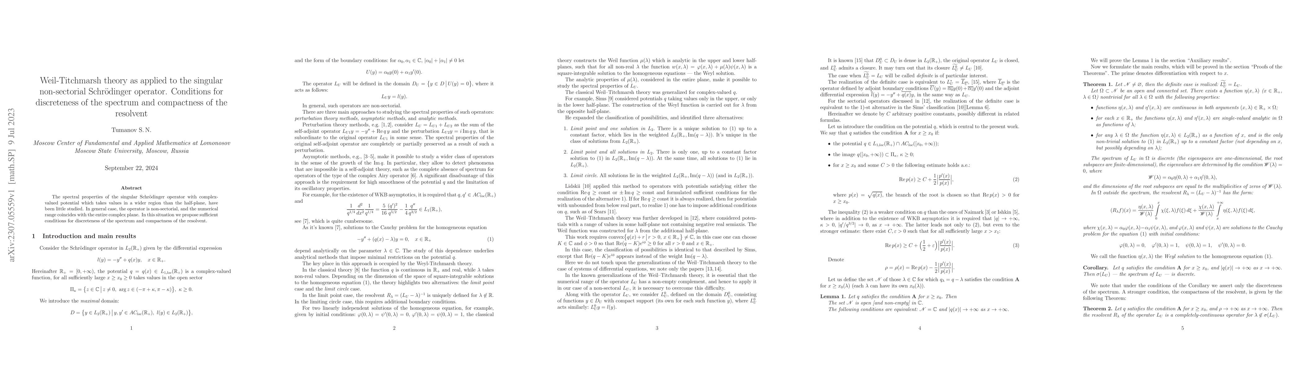 Thumbnail for Weil-Titchmarsh theory as applied to the singular non-sectorial
  Schr\"odinger operator. Conditions for discreteness of the spectrum and
  compactness of the resolvent