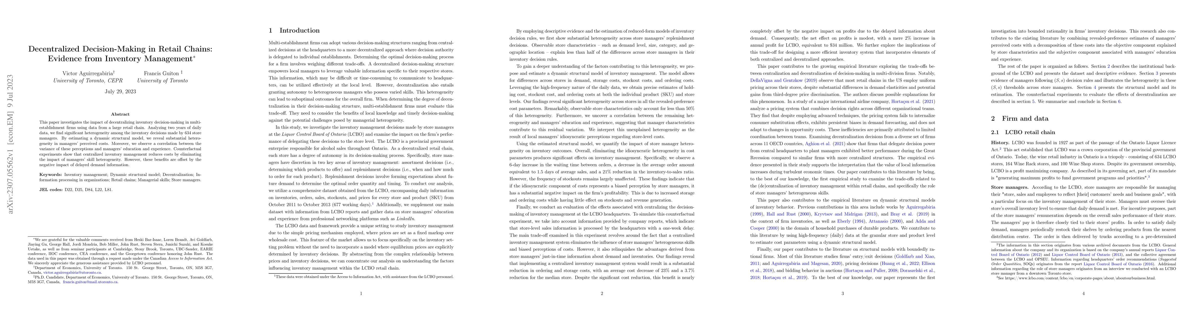 Thumbnail for Decentralized Decision-Making in Retail Chains: Evidence from Inventory
  Management