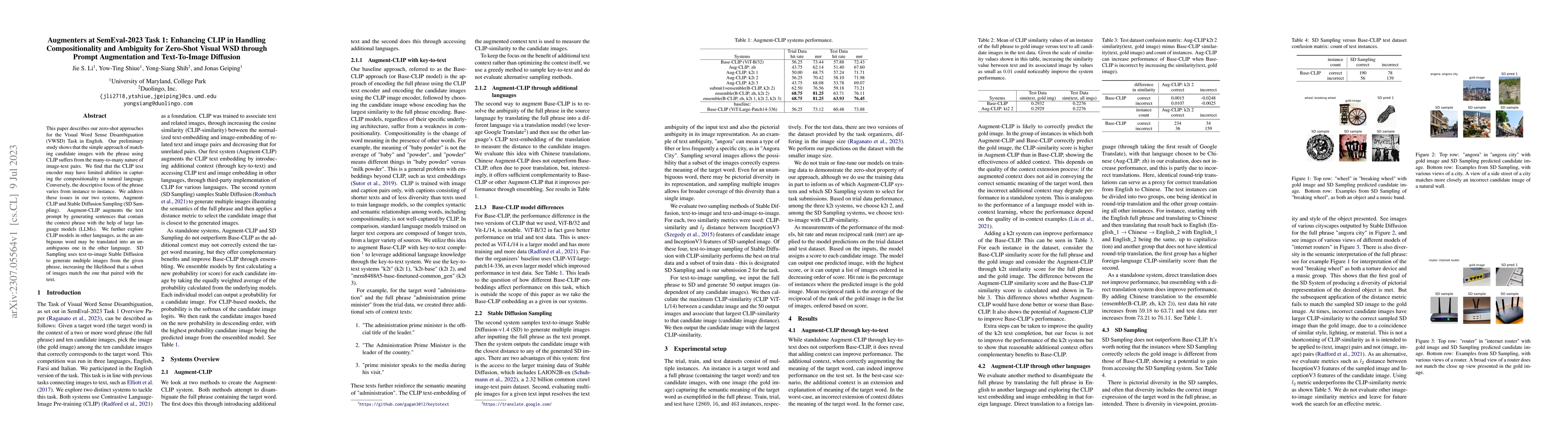 Thumbnail for Augmenters at SemEval-2023 Task 1: Enhancing CLIP in Handling
  Compositionality and Ambiguity for Zero-Shot Visual WSD through Prompt
  Augmentation and Text-To-Image Diffusion