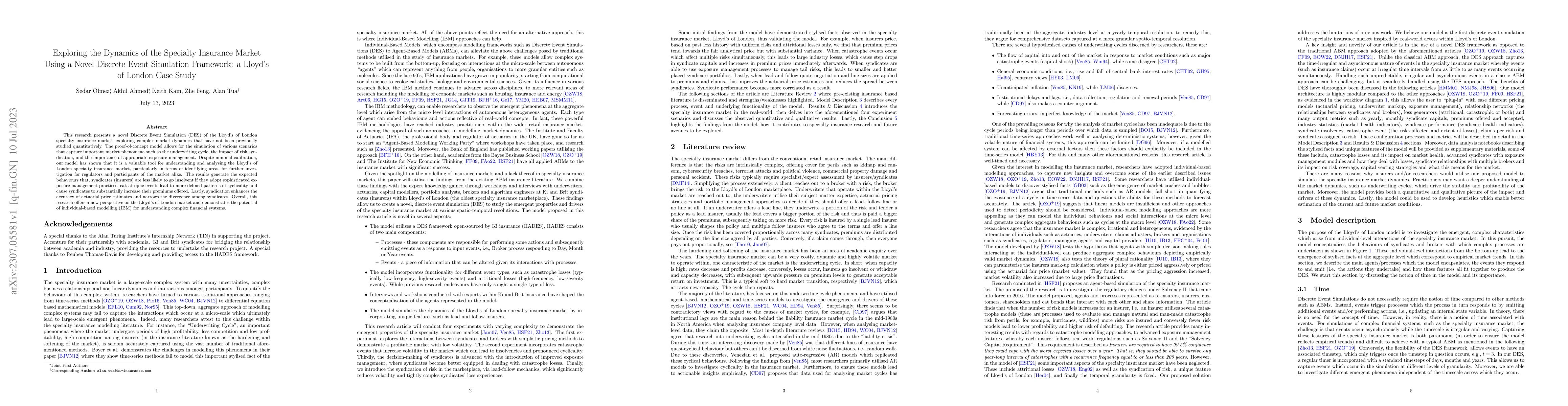 Thumbnail for Exploring the Dynamics of the Specialty Insurance Market Using a Novel
  Discrete Event Simulation Framework: a Lloyd's of London Case Study