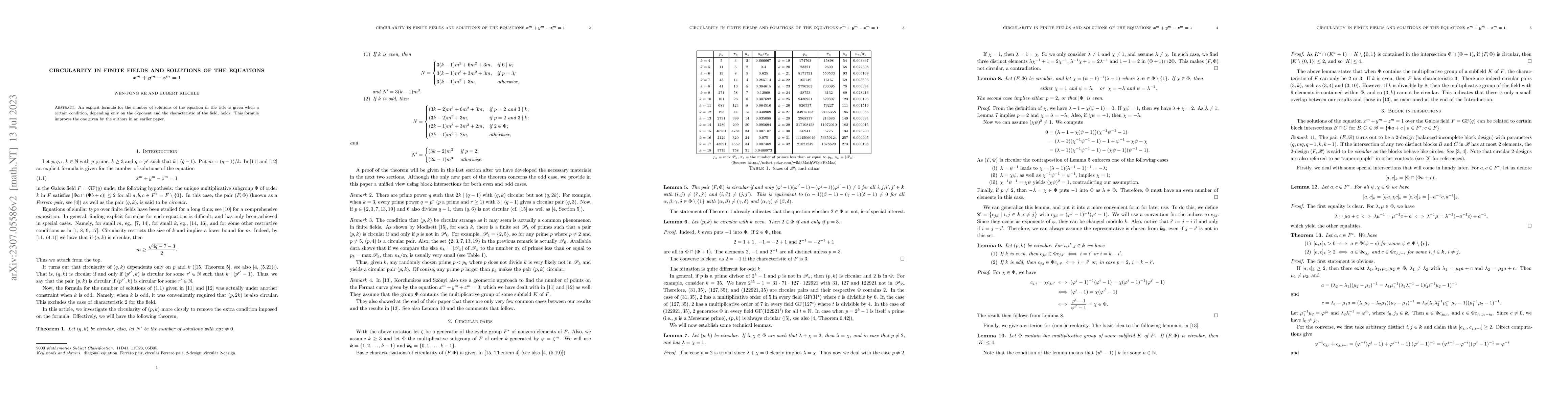 Thumbnail for Circularity in Finite Fields and Solutions of the Equations
  $\boldsymbol{x^{m}+y^{m}-z^{m}=1}$