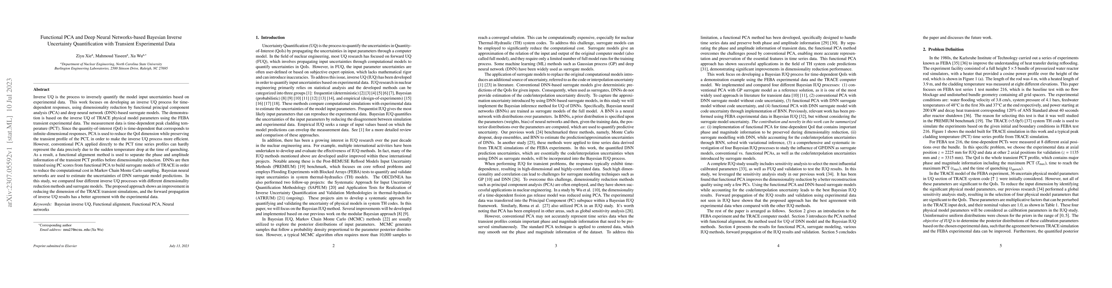 Thumbnail for Functional PCA and Deep Neural Networks-based Bayesian Inverse
  Uncertainty Quantification with Transient Experimental Data