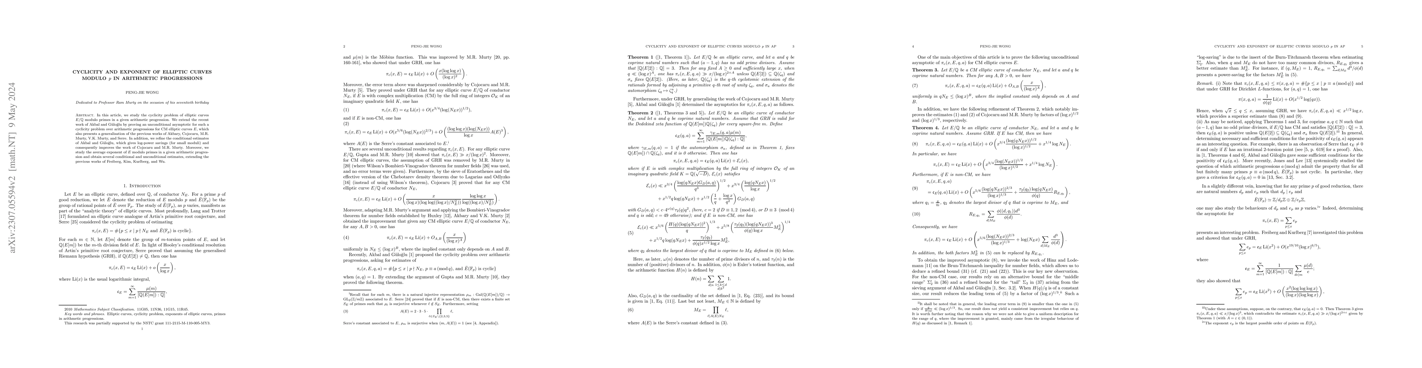 Thumbnail for Cyclicity and exponent of elliptic curves modulo $p$ in arithmetic
  progressions