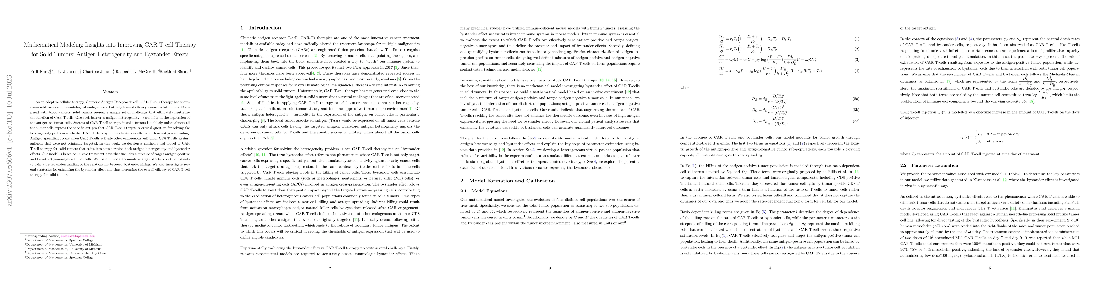 Thumbnail for Mathematical Modeling Insights into Improving CAR T cell Therapy for
  Solid Tumors: Antigen Heterogeneity and Bystander Effects