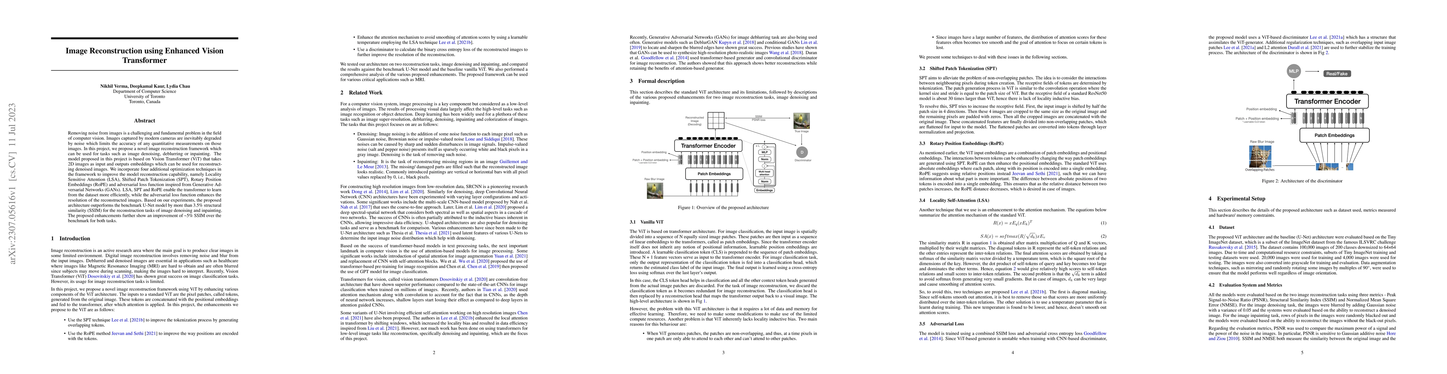 Thumbnail for Image Reconstruction using Enhanced Vision Transformer