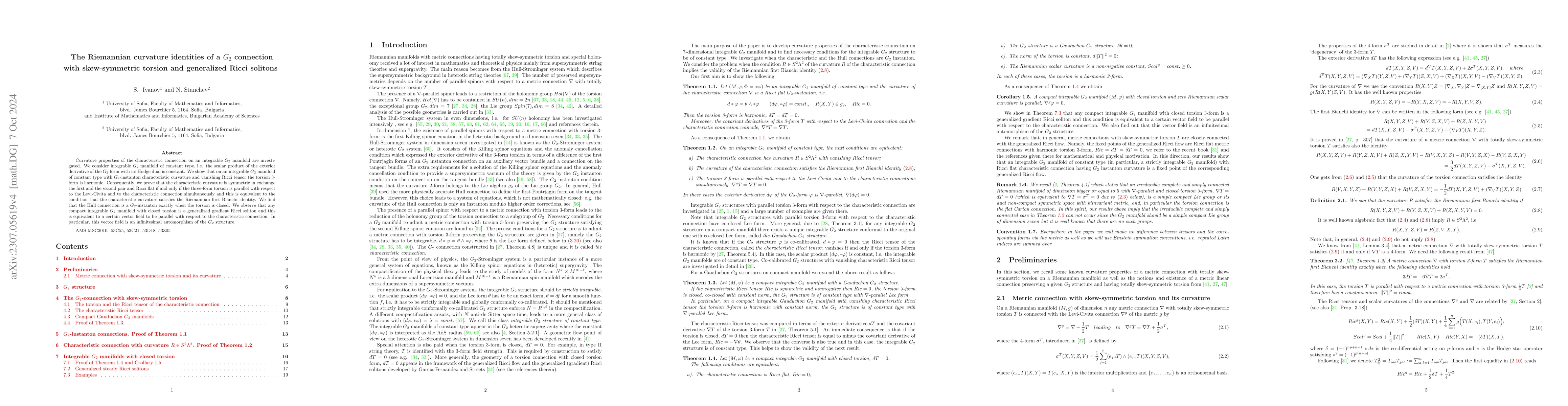Thumbnail for The Riemannian curvature identities of a $G_2$ connection with
  skew-symmetric torsion and generalized Ricci solitons