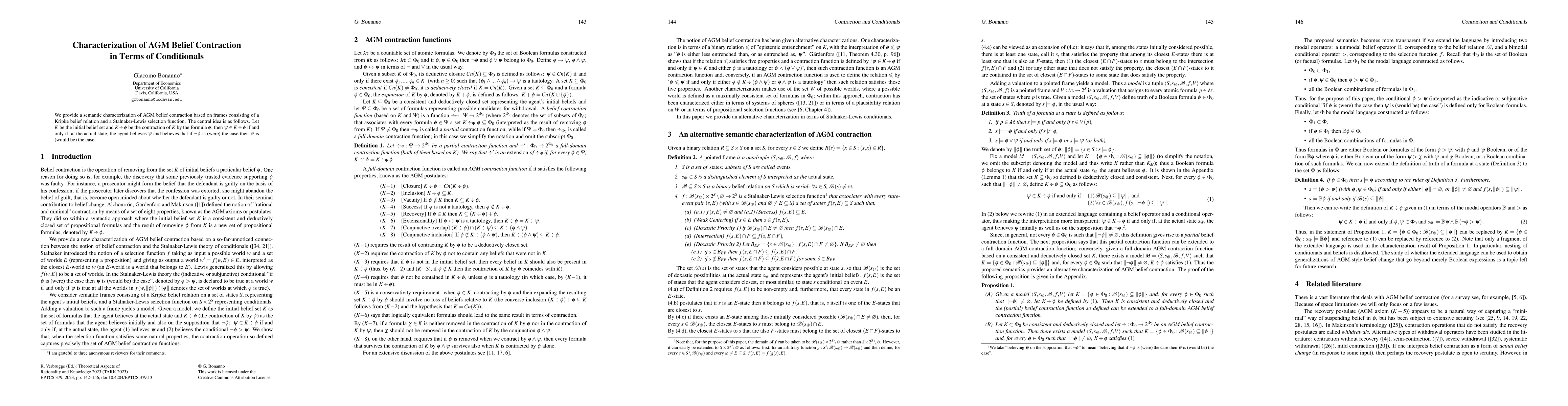 Thumbnail for Characterization of AGM Belief Contraction in Terms of Conditionals