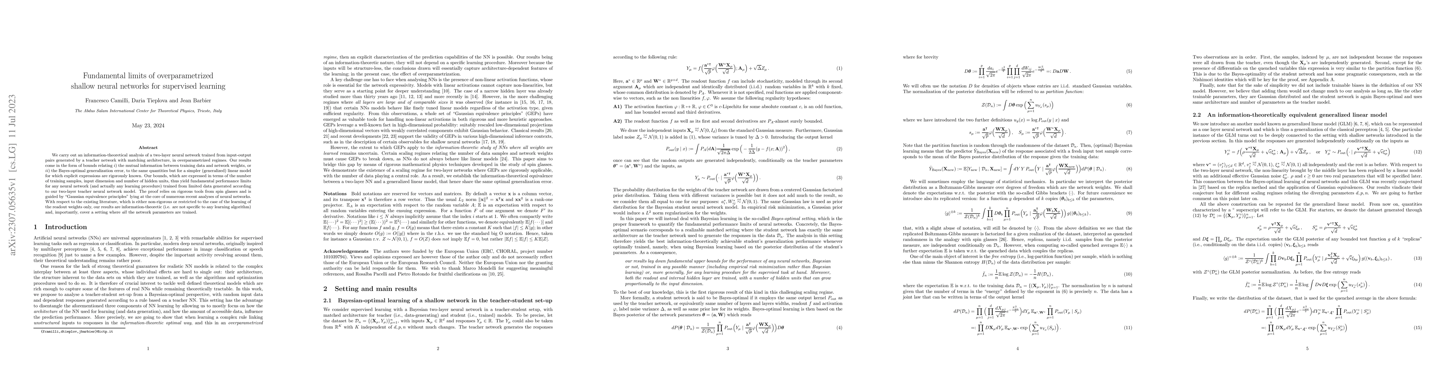 Thumbnail for Fundamental limits of overparametrized shallow neural networks for
  supervised learning