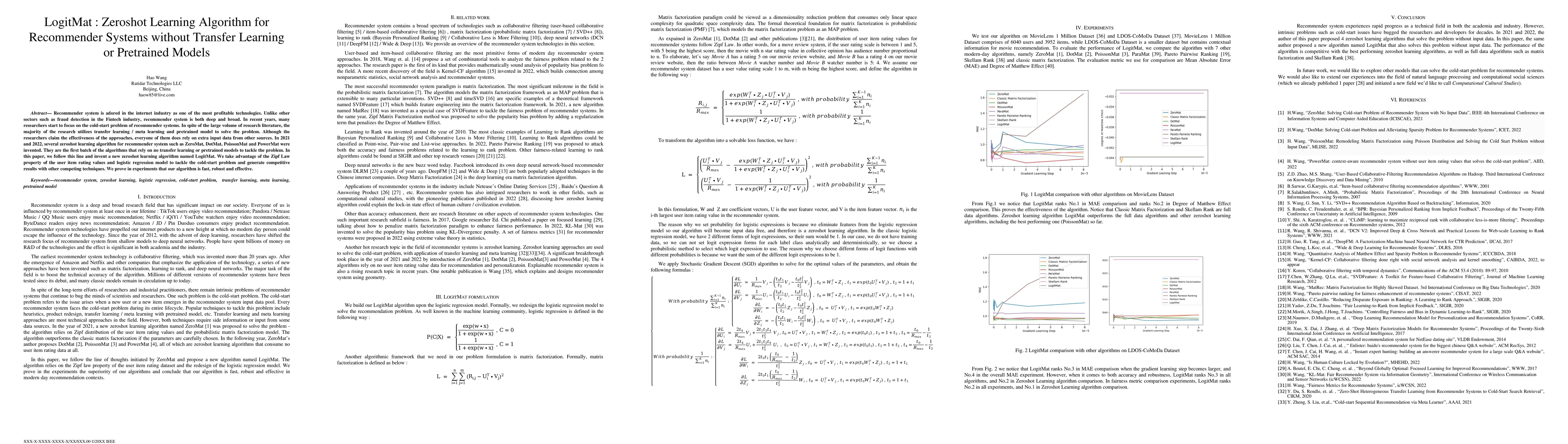 Thumbnail for LogitMat : Zeroshot Learning Algorithm for Recommender Systems without
  Transfer Learning or Pretrained Models